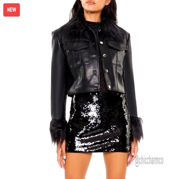 Faux Leather Trucker Jacket with Faux Fur Trim Button Front